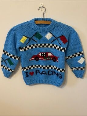 Blue Kids Hand Knit Racing Sweater - I ♥ Racing - Child Kid Size 4T - 5T
